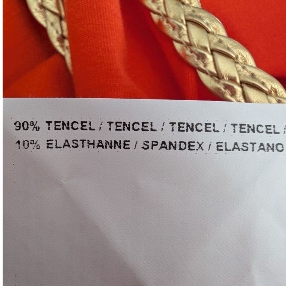 Joseph Ribkoff Dress Orange Red Gold Braided Trim Sleeveless Sheath Sz 10 Chic - Picture 9 of 9